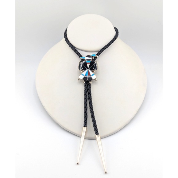 Handmade Zuni Thunderbird Inlay Bolo Tie Leather‎ & Silver Tips Accessory **